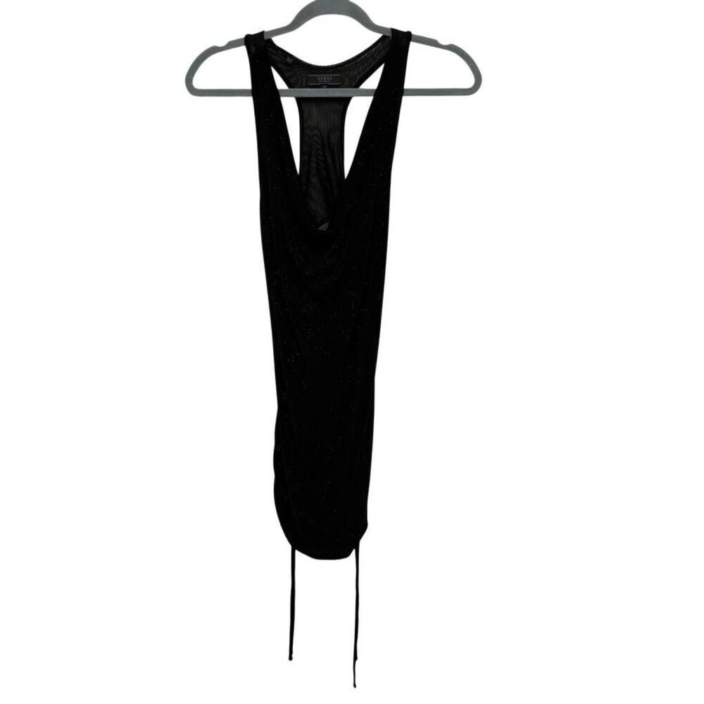 Y2K Guess black sparkly sheer open back draped mini side ruched dress size XS